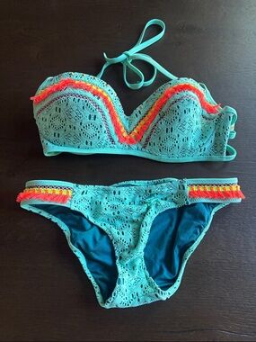 Shade & Shore Turquoise Crochet Bikini with Neon Pink and Orange Trim
